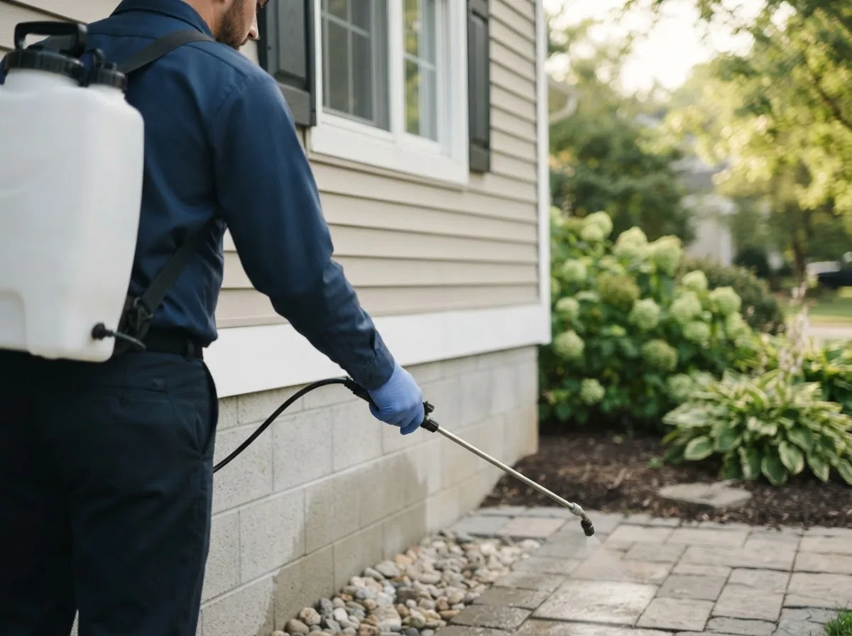 Pest control technician inspecting a home in Shutesbury, MA